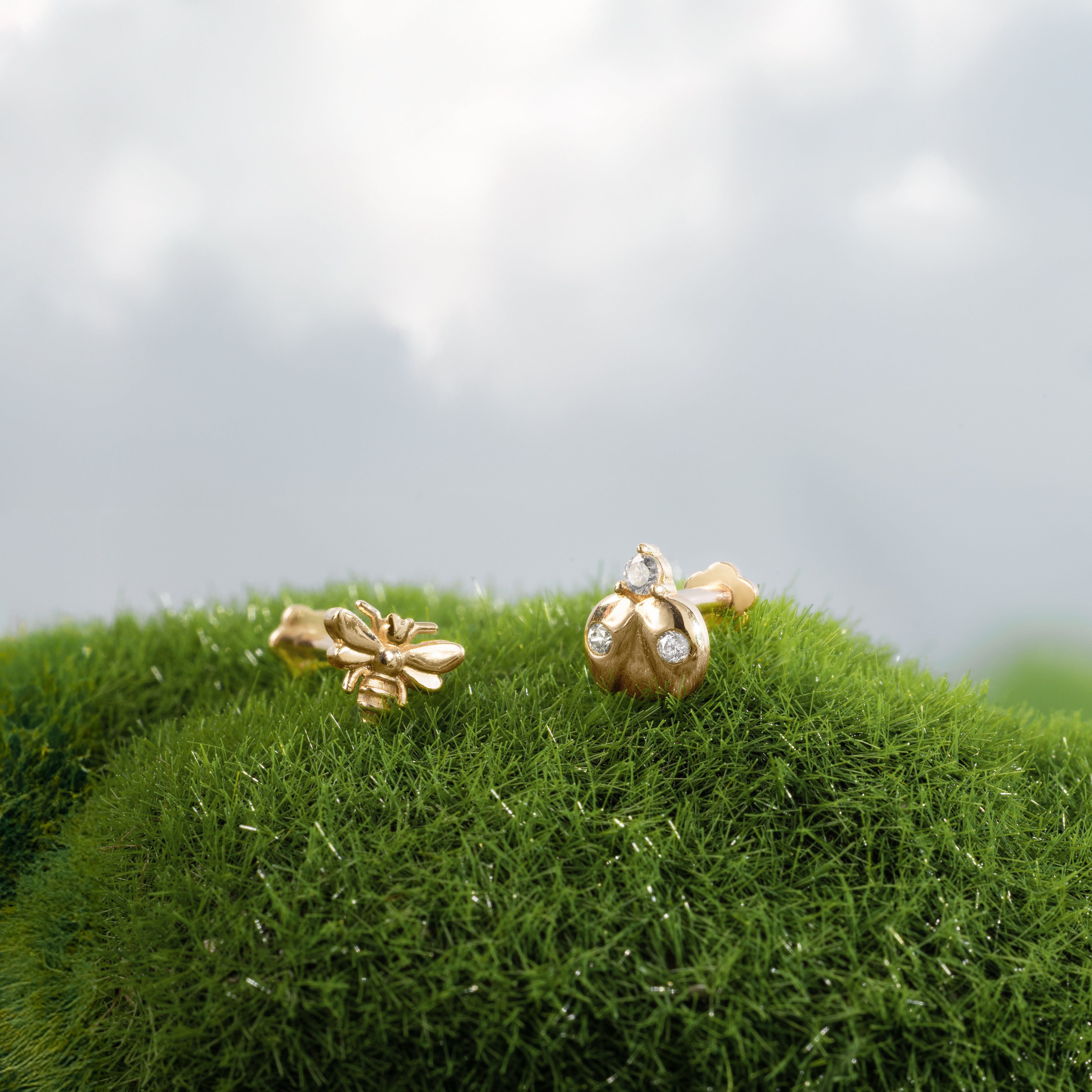 14K Solid Gold Bumblebee Flatback Earring