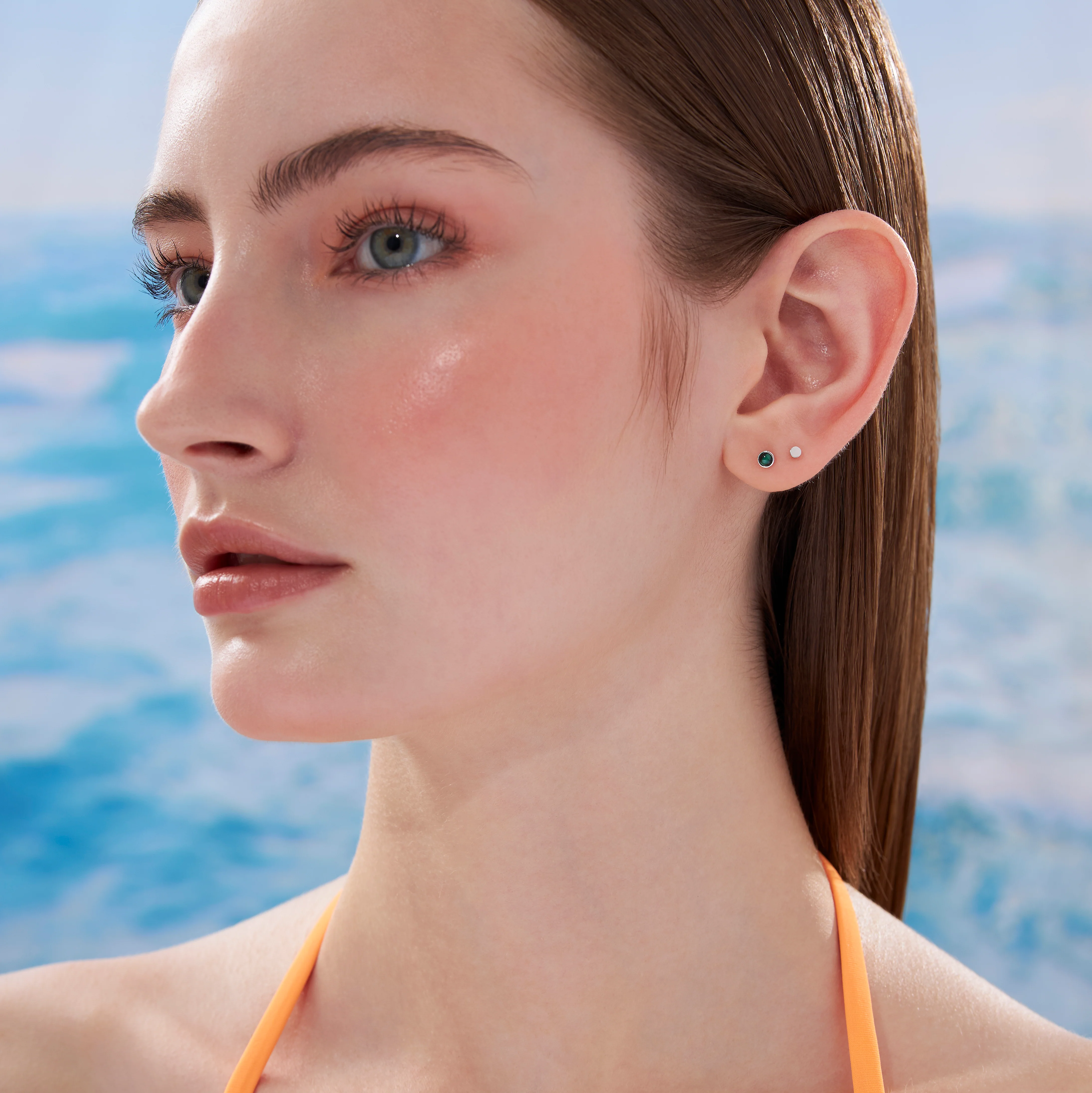 14K Solid Gold Mini Genuine Malachite Bezel Flatback Earring