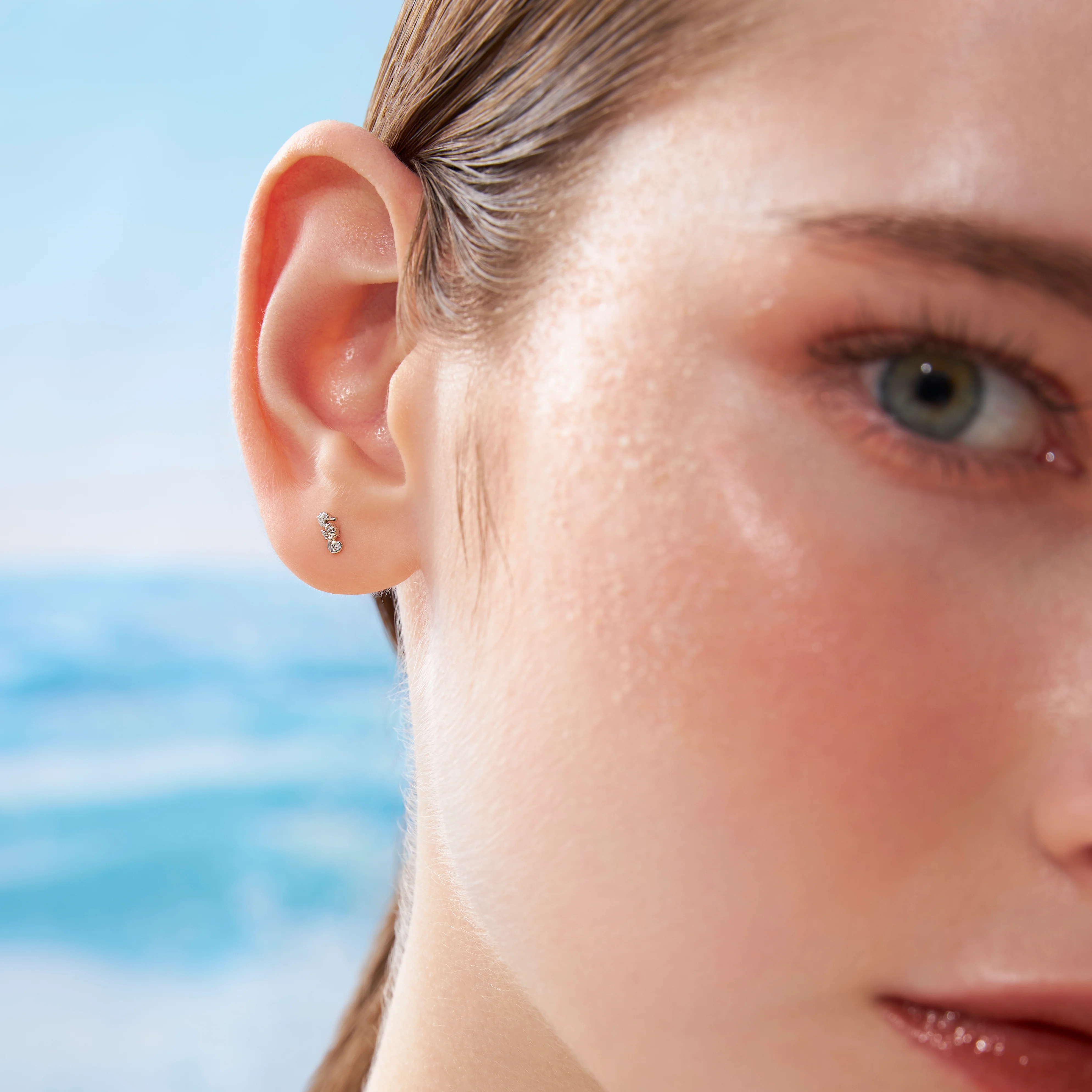 14K Solid Gold Seahorse Diamond Flatback Earring