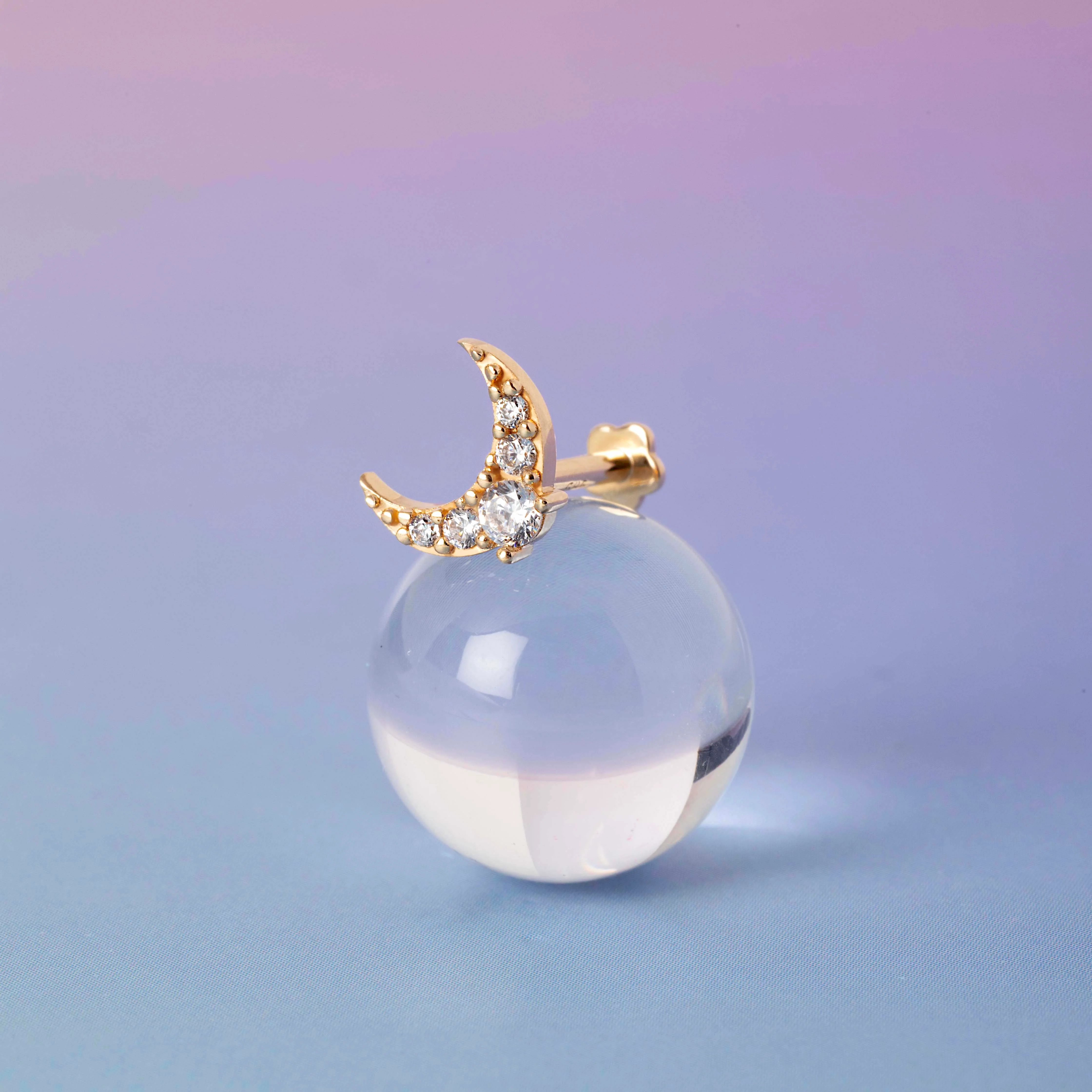 14K Solid Gold Pave Radiant Moon Flatback Earring