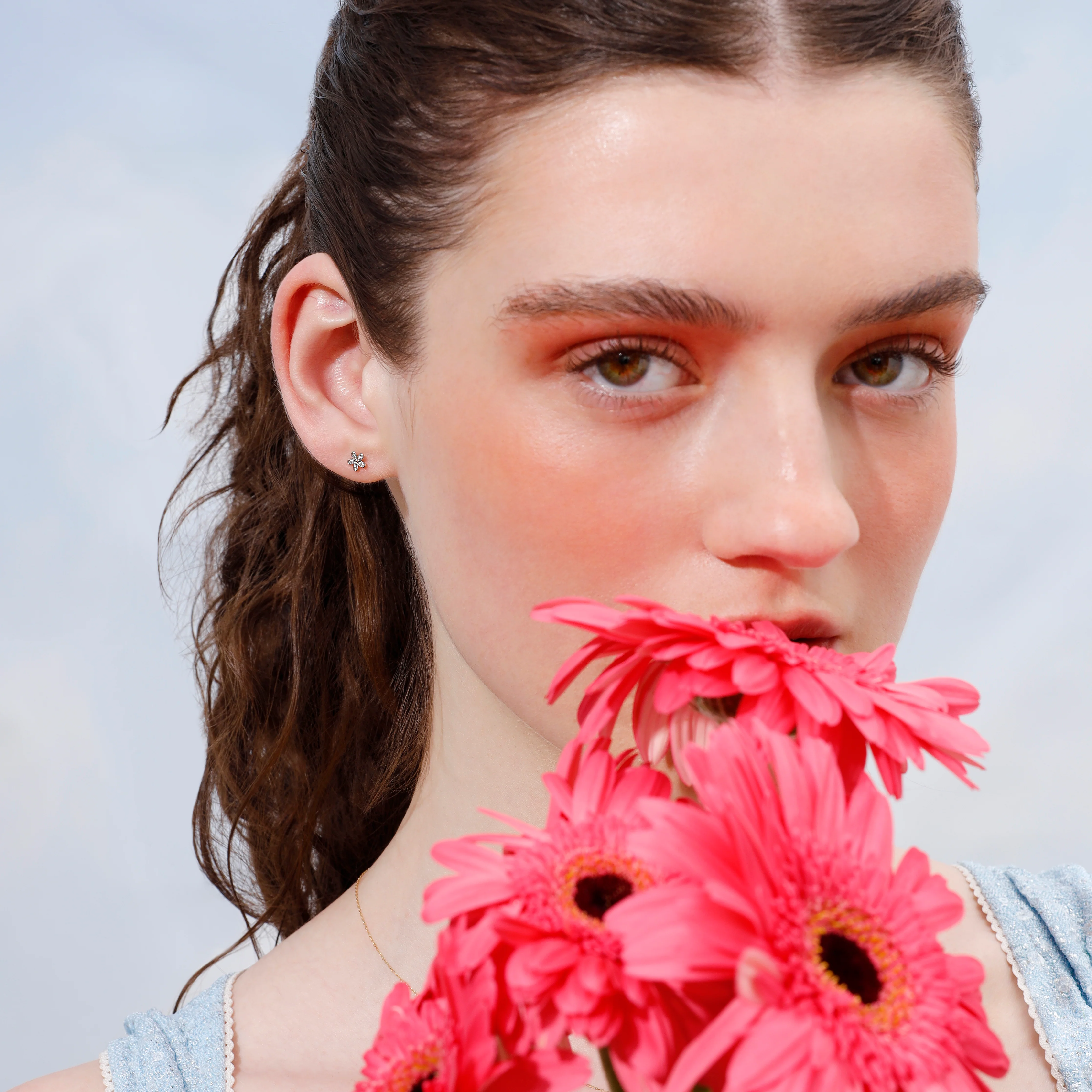 14K Solid Gold Daisy Flower Flatback Earring