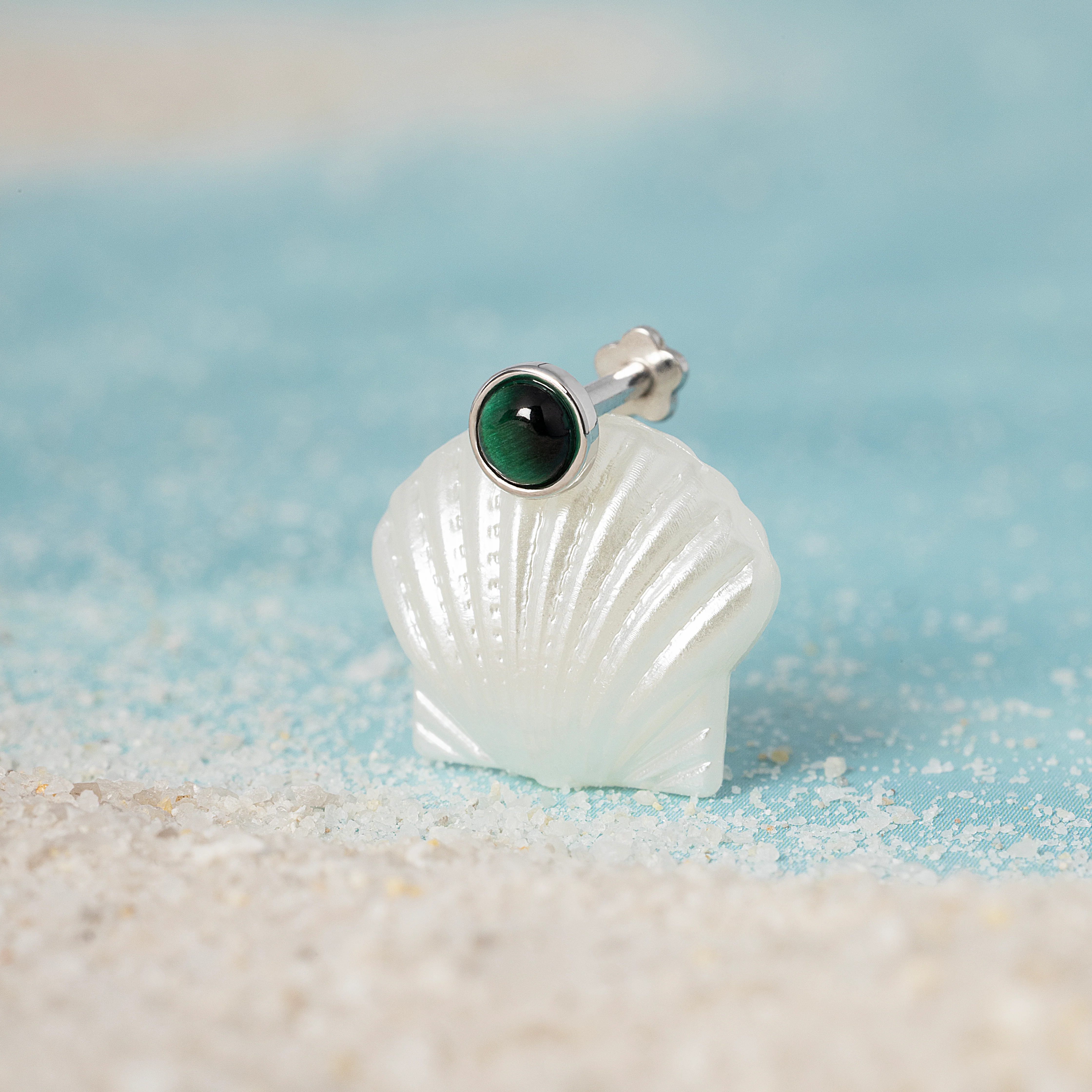 14K Solid Gold Mini Genuine Malachite Bezel Flatback Earring