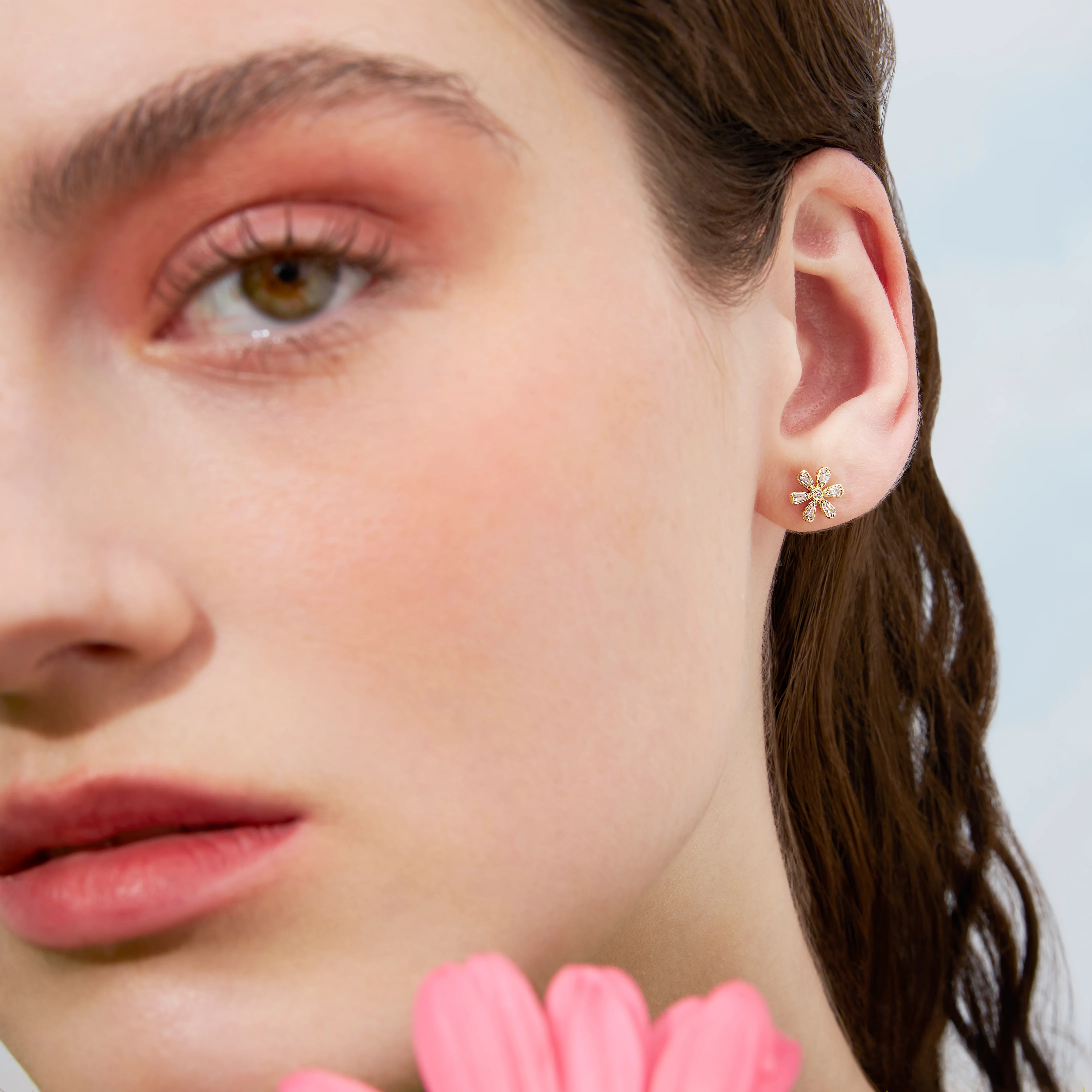 14K Solid Gold Gardenia Flower Flatback Earring