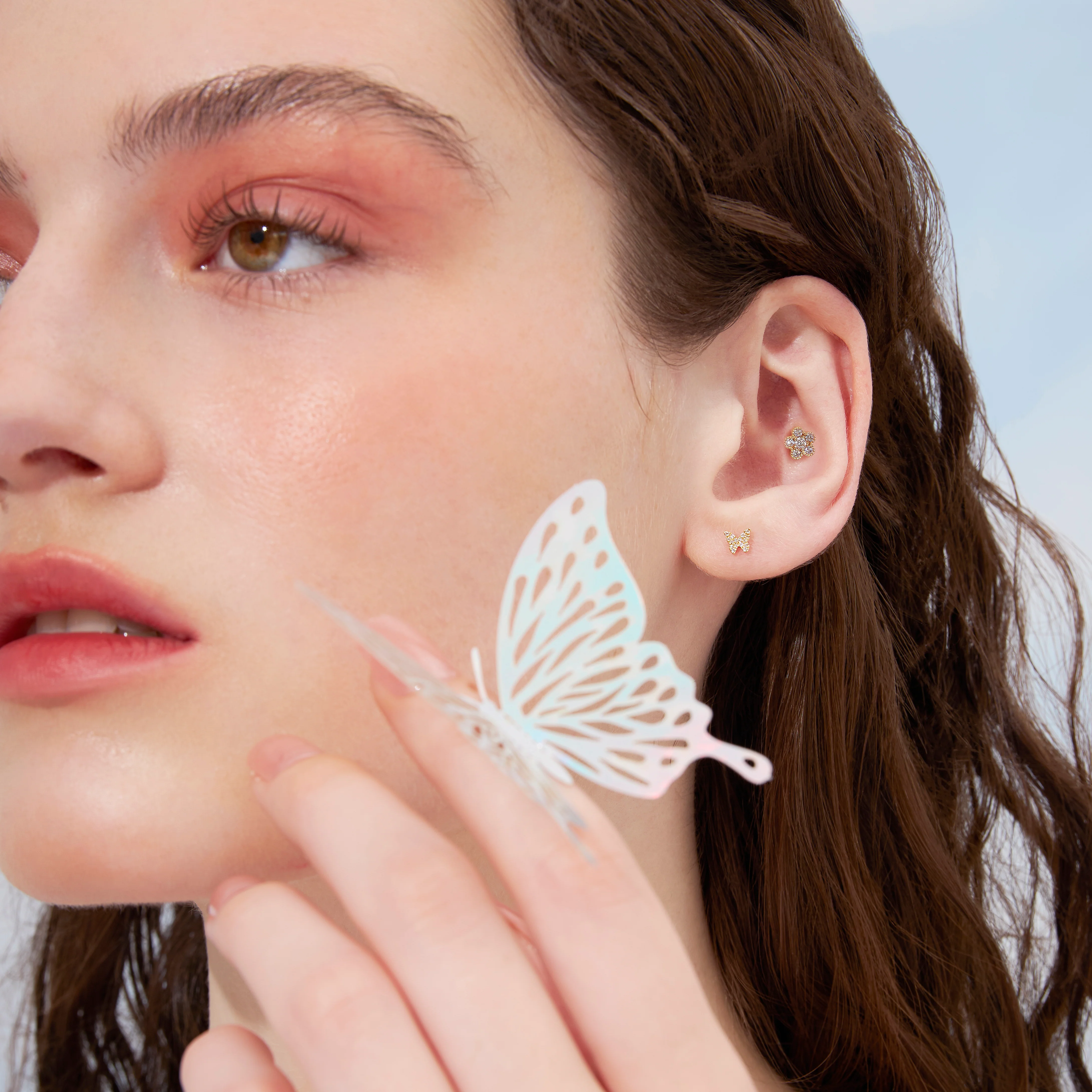 14K Solid Gold Plum Blossom Flower Flatback Earring