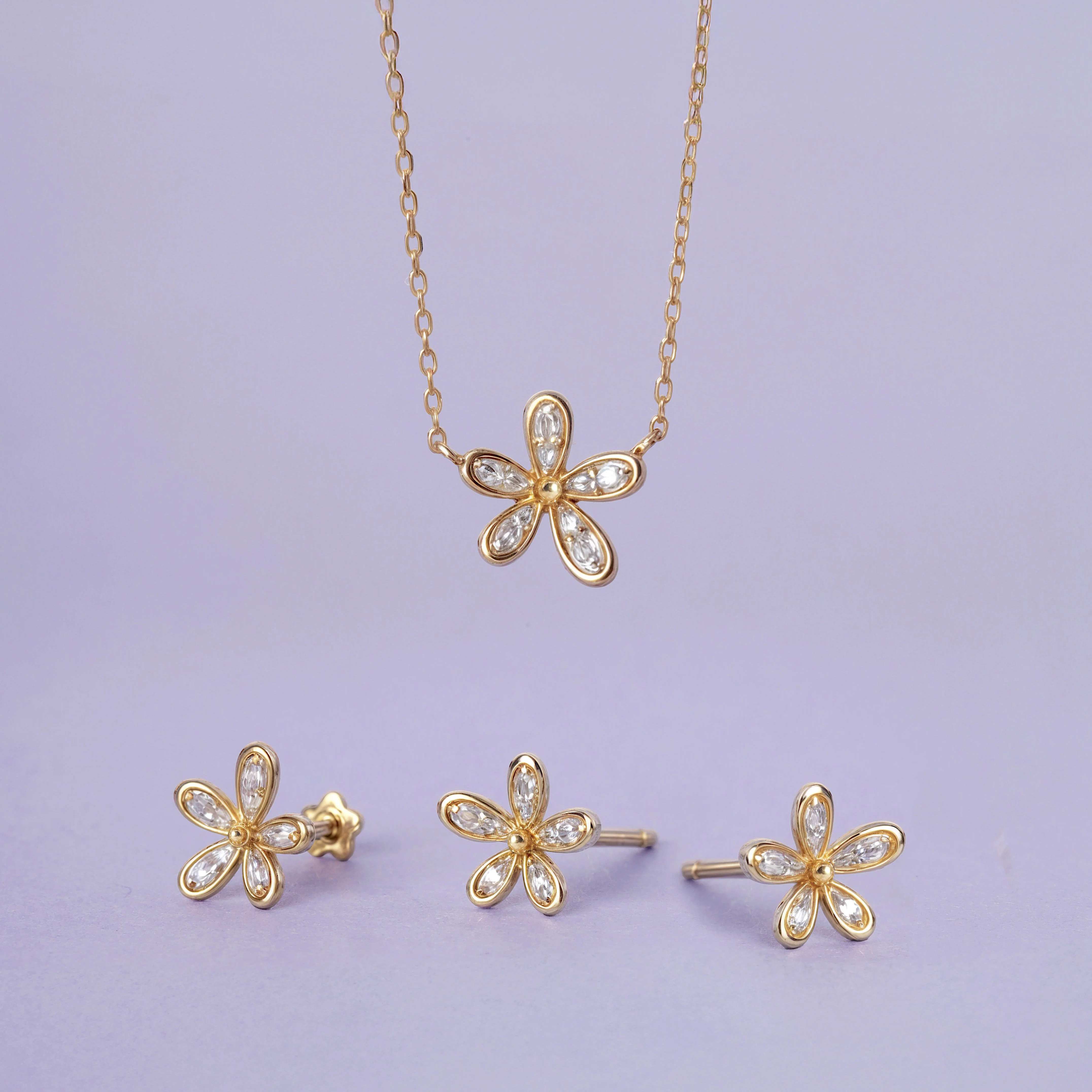 14K Solid Gold Floraison Pavé Diamond Flatback Earring