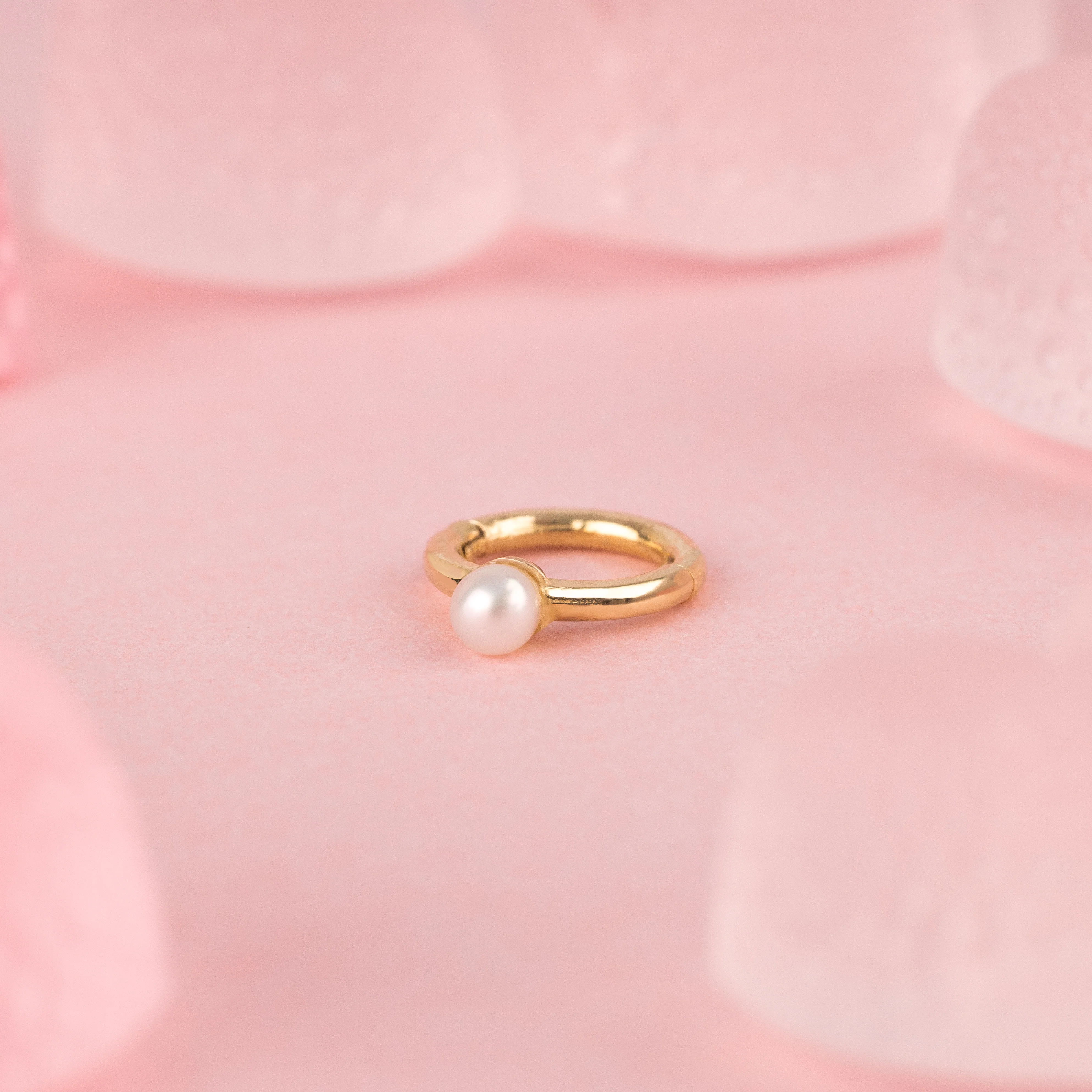 14K Solid Gold Mini Pearl Clicker Hoop 5mm