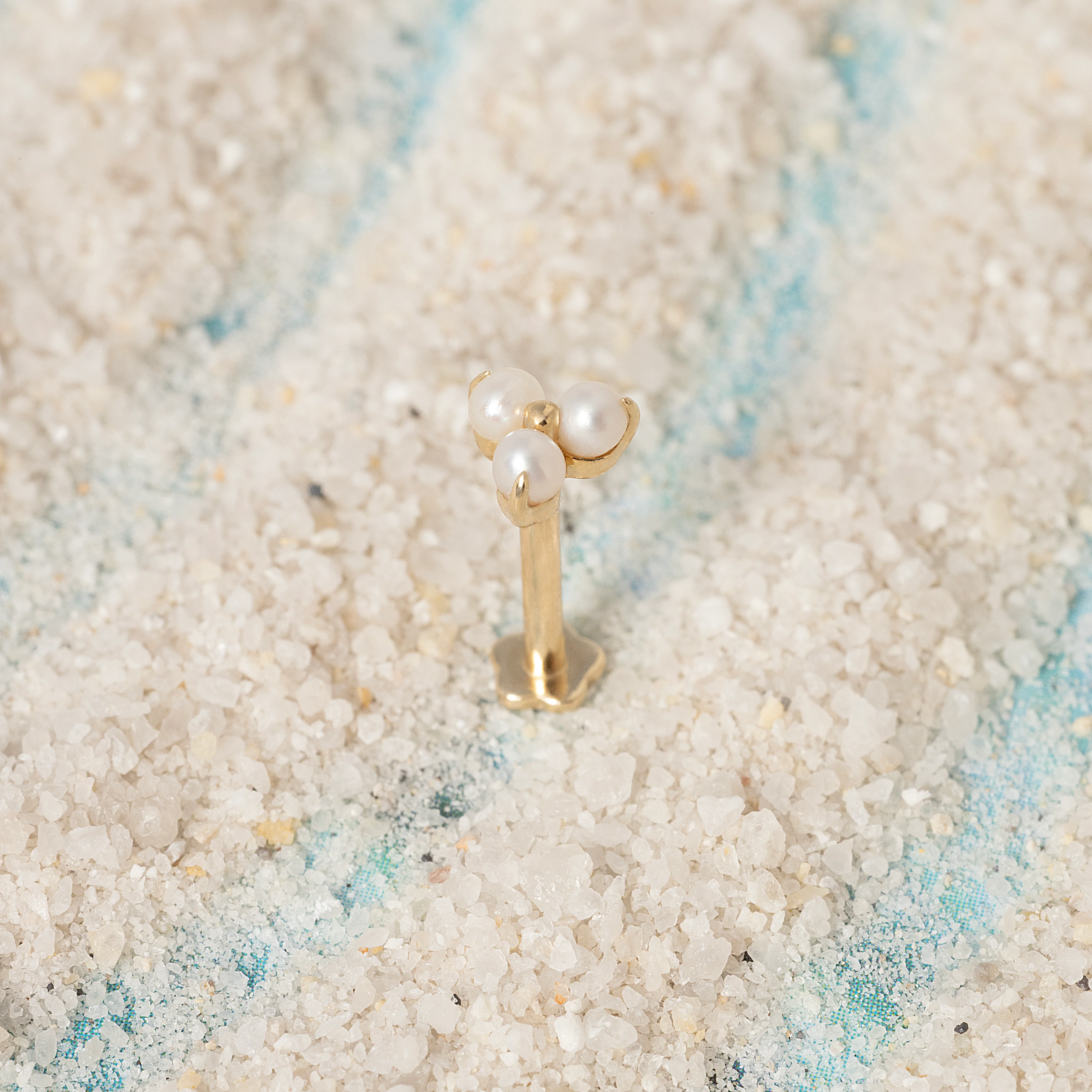 14K Solid Gold Genuine Pearl Trinity Flatback Earring