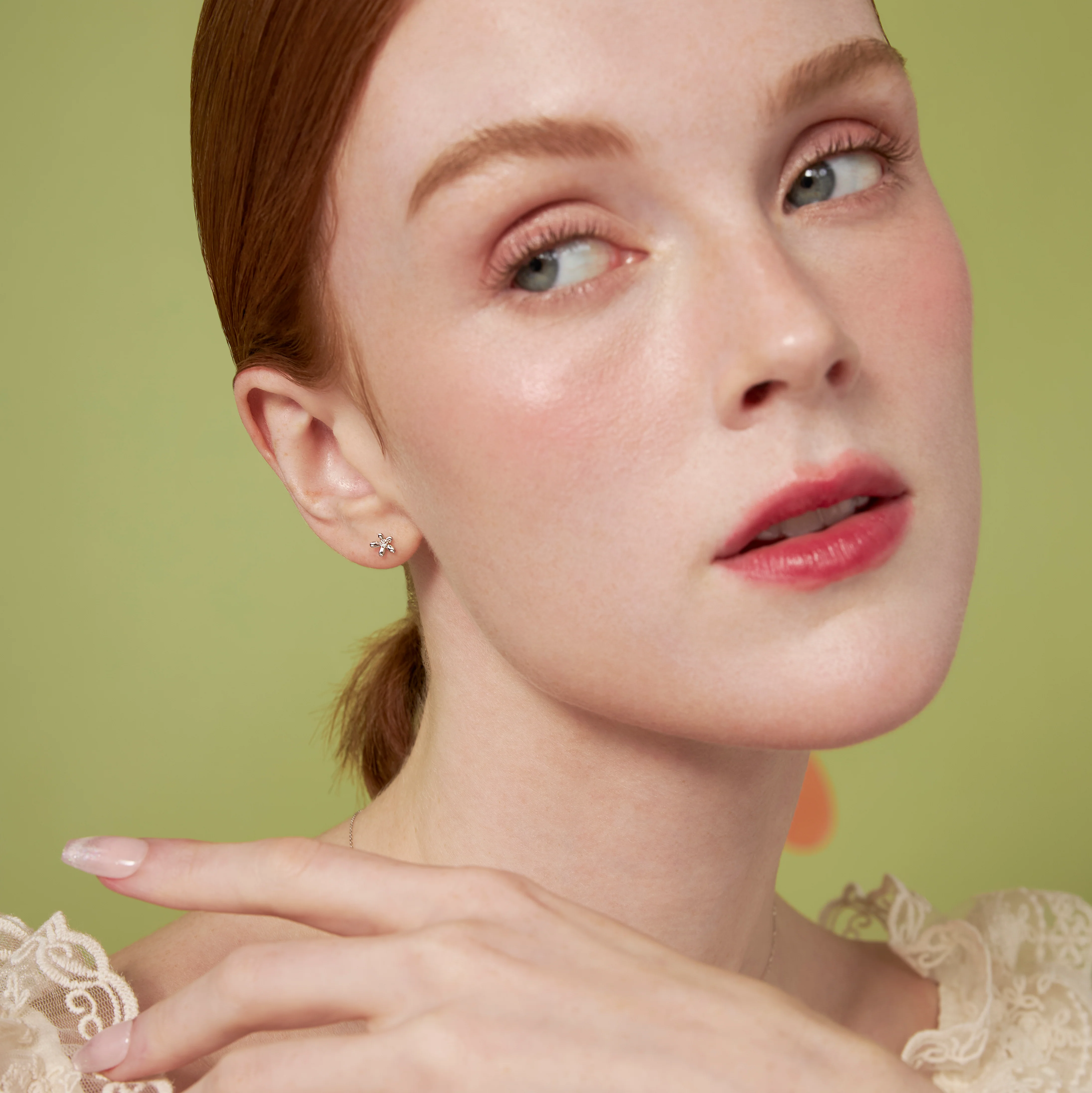 14K Solid Gold Floraison Diamond Flatback Earring